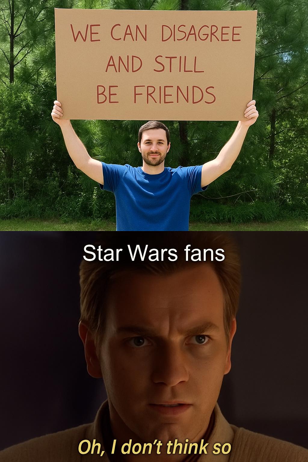 This meme is a play on the iconic "I know" meme from the TV show South Park. The meme features a split-screen image with a photo of a person holding a sign that says "We can disagree and still be friends" on the left, and a photo of a person with a similar expression holding a sign that says "I know" on the right.